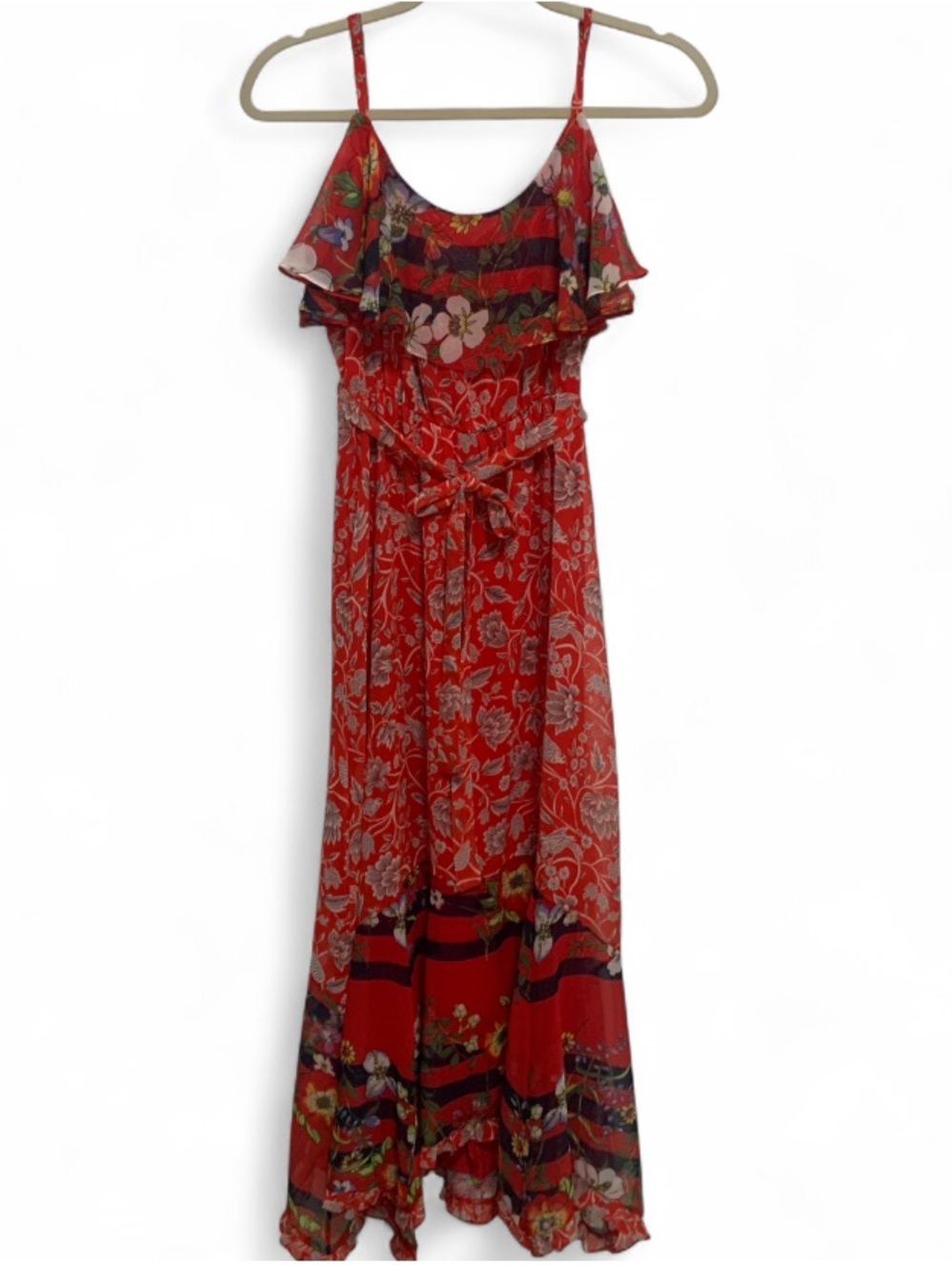 One September Anthropologie Red Floral Belted Maxi Dress with Ruffle Neckline